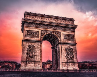 Arc de Triomphe Gift Fine Art Print, Paris Photography, Vintage France Wall Art, Vibrant Sunset City Sunset, Pink Home Decor