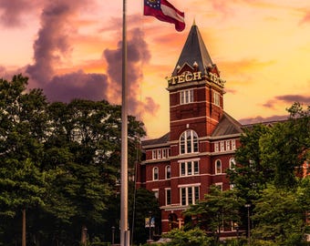 Georgia Tech Decor Print: Sunrise at Tech Tower Atlanta Photo, Dorm Wall Art, Rambling Wreck Alumni Gift
