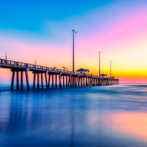 Sunrise at Jeanette Pier, Coastal Landscape Photography, Outer Banks Fine Art Print, Rustic OBX North Carolina Metal Beach House Decor