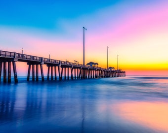 Sunrise at Jeanette Pier, Coastal Landscape Photography, Outer Banks Fine Art Print, Rustic OBX North Carolina Metal Beach House Decor