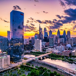Philadelphia Skyline at Sunrise, Pennsylvania Fine Art Landscape Photography, Schuylkill River Giclee Print, Cityscape Poster for Home Decor