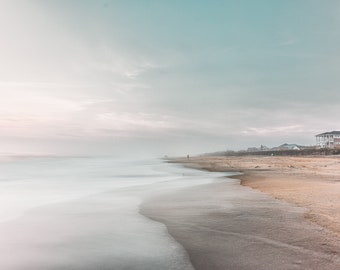 Misty Morning at Avalon Pier, Coastal Landscape Photo, Outer Banks Fine Art Print, Minimalist OBX North Carolina Metal Beach House Decor