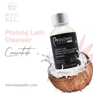 May include: A clear bottle of Prolong Lash Complete Care Eyelash Extension Cleanser and Daily Face Cleanser Concentrate. The bottle is 3.4 fl oz (100 ml) and is sitting in a coconut shell. The bottle is labeled with the text "Prolong Lash" and "Proudly Australian".