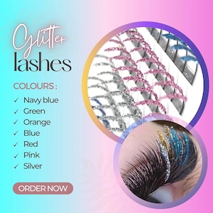 Könnte beinhalten: Glitzer-Wimpern in verschiedenen Farben, darunter Marineblau, Grün, Orange, Blau, Rot, Pink und Silber. Die Wimpern sind auf einer weißen Karte und auf dem Auge eines Models zu sehen. Der Text "Glitter lashes" und "COLOURS:" ist auf dem Bild sichtbar. Der Text "ORDER NOW" ist ebenfalls auf dem Bild sichtbar.