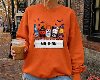 Custom Name Teacher Halloween Sweatshirt, Personalized Halloween Shirt For Teacher,  Back To School halloween tee, School Supplies Shirts