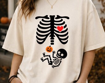 Ribcage Pumpkins T-Shirt, Retro Skeleton Sweatshırt Baby Rib Cage Shirt,Pregnancy Shirt, Floral Skeleton Pumpkin Shirt, Gothic Fall Shirt,