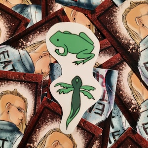 Pode incluir: Um autocolante branco com duas ilustrações verdes: um sapo e uma planta estilizada. O autocolante é colocado sobre um fundo de outros autocolantes com o rosto de uma pessoa e a palavra "EAT".