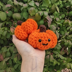 May include: Two crocheted orange pumpkins with black eyes and a smiling mouth. The pumpkins are held in a hand.