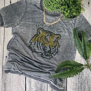 Unisex gray distressed Get Wild tiger tshirt.