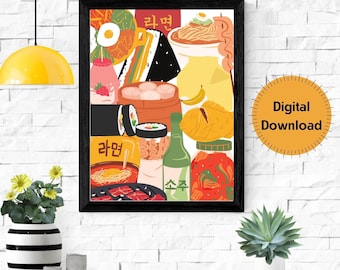Traditional Korean Foods And Drinks, Korean Cuisine, Street Food, Korea, Wall Decor Art, Digital Download