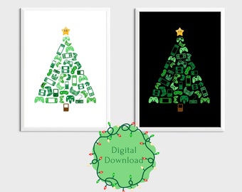 Christmas Controllers Posters Art in Two Versions, Gamer Christmas Poster, Christmas Gaming Decor, Gamer Gift, Christmas Tree Gamer