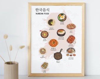 Traditional Korean Food, Korean Cuisine, Korean Food, Korean Map, Cute Wall Decor Art, Kitchen Decor, Realistic Korean Art