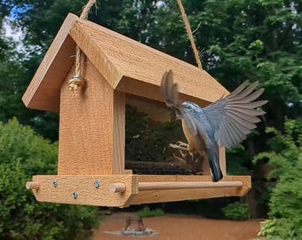 Wooden Bird Feeder Outdoor – Rustic Cedar Hanging Feeder for Garden Decor & Birdwatching Gift