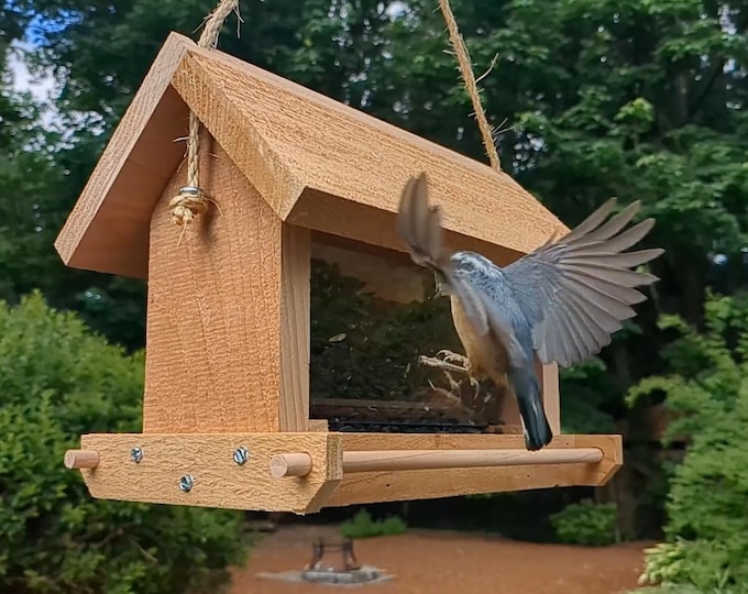 Wooden Bird Feeder Outdoor – Rustic Cedar Hanging Feeder for Garden Decor & Birdwatching Gift