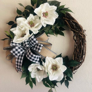 Magnolia Wreath, Front Door Wreath, Year Round Wreath,White Magnolia Wreath, Anytime Wreath With Buffalo Plaid Bow