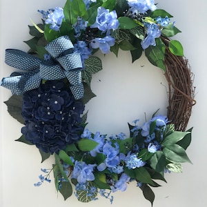Blue hydrangea front door wreath, dark blue wreath,Anytime front door wreath.Navy blue wreath,Spring wreath,Mothers day gift,Double door