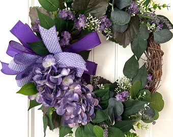 Purple hydrangea front door wreath, Lavender wreath, Eucalyptus cottage style