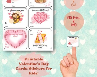 Tarjetas y pegatinas de San Valentín imprimibles para niños, Impresión PDF, PNG, Tarjetas lindas de San Valentín, Pegatinas lindas, Tarjetas de San Valentín, Descarga digital