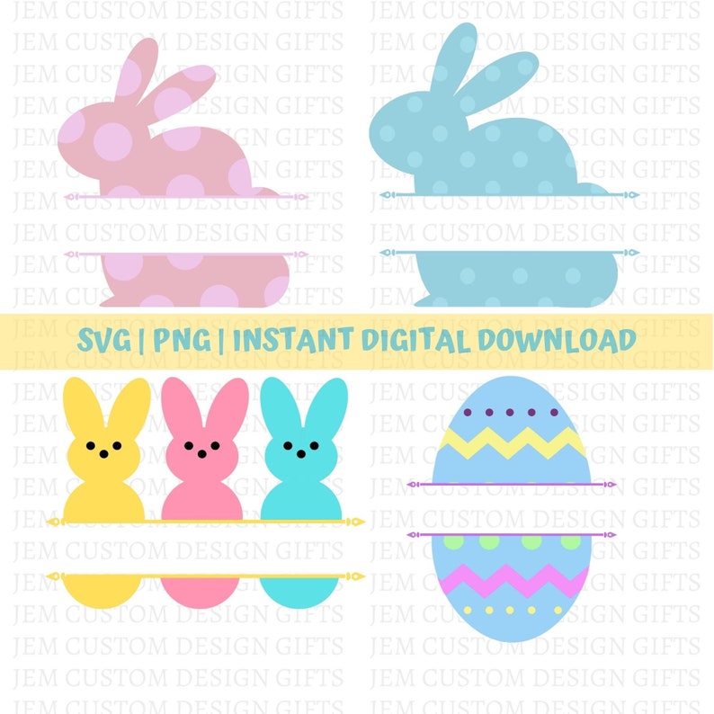 May include: Digital Easter designs with bunnies and an egg. The designs include a pink bunny with polka dots, a blue bunny with polka dots, three bunny figures, and a decorated egg. The text "SVG | PNG | INSTANT DIGITAL DOWNLOAD" is also included.