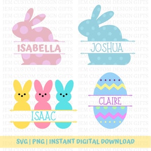 May include: Digital Easter designs. Includes a pink bunny with the name "Isabella", a blue bunny with "Joshua", three Peeps-style bunnies with "Isaac", and a decorated egg with "Claire". Available as SVG, PNG, and instant digital download.