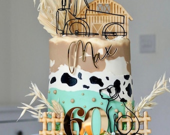Farm Cake Topper Set Farm Yard Party Cake Decor Line Art Dog Cake Topper Tractor Barn Fence Personalised Name and Number Cake Charm