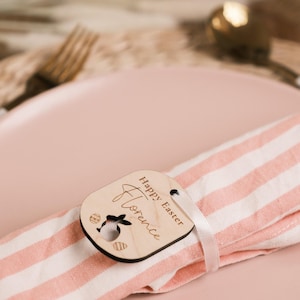 Porte-serviettes personnalisé décorations de Pâques, étiquette nom rond de serviette joyeux Pâques lapin, couvert de décoration de table de Pâques, étiquette de panier de Pâques