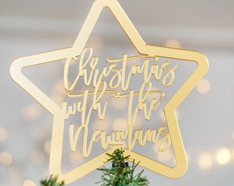 Topper de árbol de Navidad personalizado plateado u dorado, decoraciones navideñas familiares personalizadas Star Tree Topper para árbol de Navidad