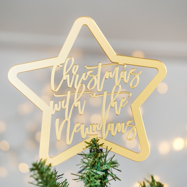 Personalisierte Weihnachtsbaumspitze Silber oder Gold, personalisierte Familien-Weihnachtsdekoration Stern-Baumspitze für Weihnachtsbaum