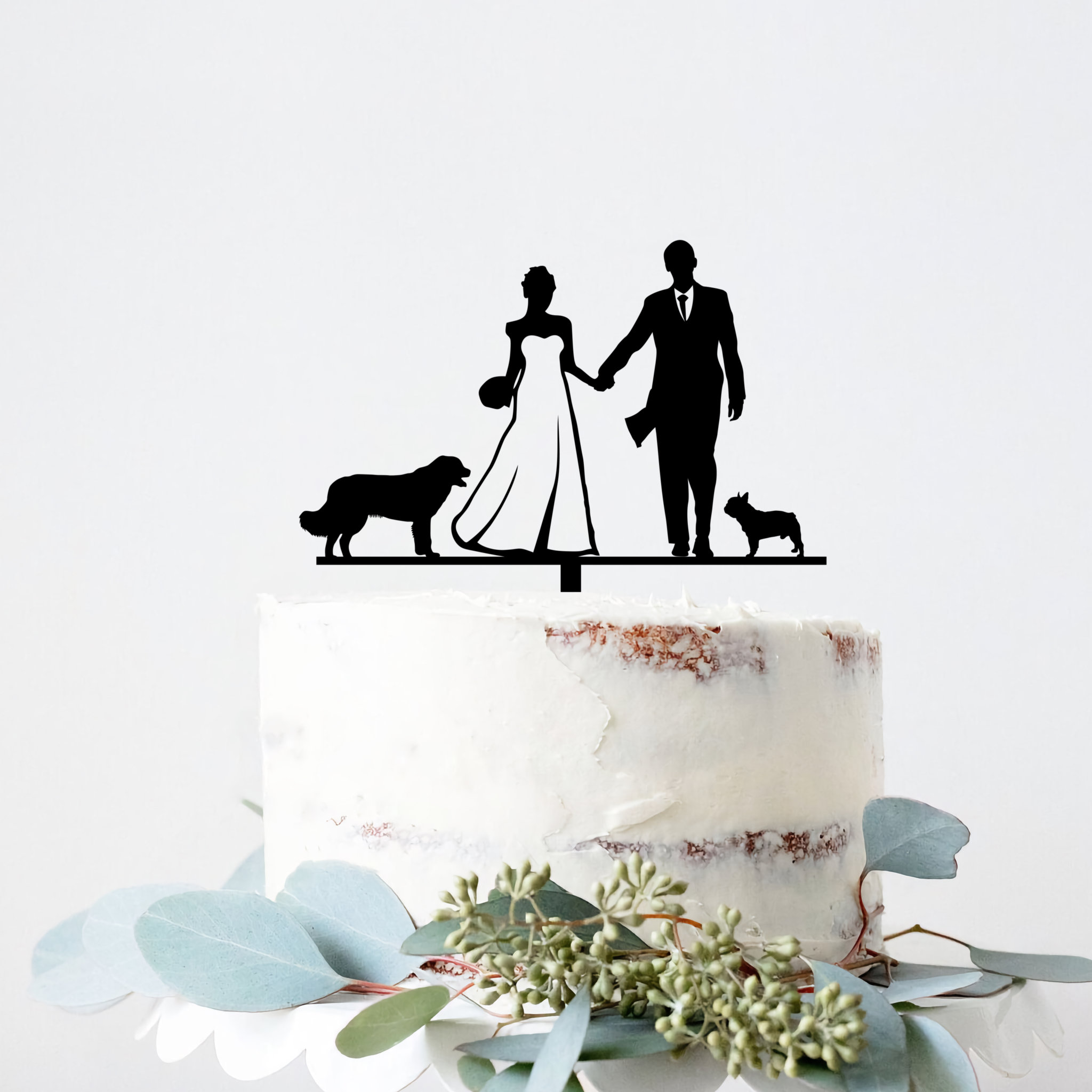 Couple Wedding Cake Topper with 2 Dogs Silhouette Cake