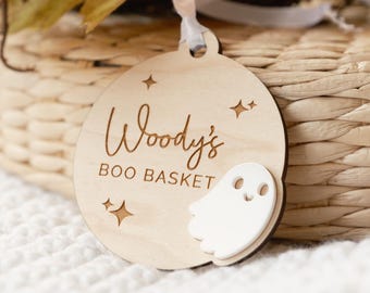 Personalised Ghost Trick or Treat Name Tag, Boo Basket Tag, Halloween Bucket Tag, Wooden Halloween Gift Tag, Baby’s First Halloween Keepsake