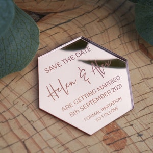 Save The Date Magnet, Acryl Hochzeitseinladungen, moderne elegante Hochzeit stationär, gespiegeltes Acryl Hexagon Save the Date Karte