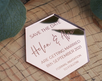 Save The Date Magnet, Acrylic Wedding Invitations, Modern Elegant Wedding Stationary, Mirrored Acrylic Hexagon save the date card
