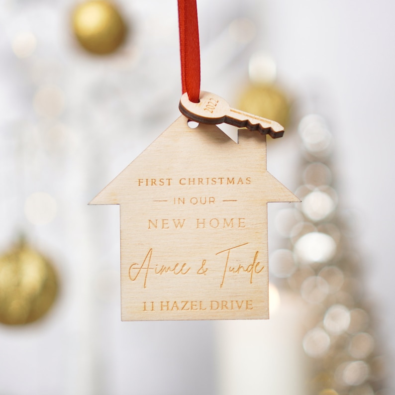 Wooden engraved new home first christmas bauble