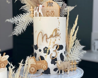 Bauernhof Kuchen Topper Set Bauernhof Hof Bauernhof Party Geburtstag Holz Kuchen Topper Traktor Scheune Zaun personalisierte Name und Nummer Kuchen Charme