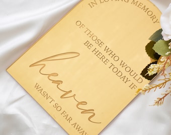 May include: Gold mirror with an arched top and the text "IN LOVING MEMORY OF THOSE WHO WOULD BE HERE TODAY IF heaven WASN'T SO FAR AWAY".