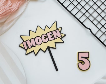 Super Hero Cake Topper Pop Art Bang Comic Cake Topper Superhero Double layer Acrylic Birthday Cake Topper Name and Number