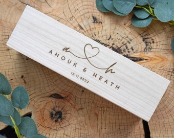 Caixa de vinho de casamento personalizada, caixa de vinho de casamento para cerimônia de casamento, cápsula do tempo, presente de vinho de casamento, caixa de garrafa de champanhe de madeira gravada