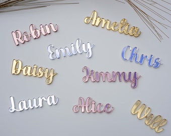 Lugares de nombre de acrílico espejado Nombre de lugar de corte láser personalizado, tarjetas de ajuste de nombre de boda, encanto de pastel de nombre de acrílico, decoración de mesa de boda