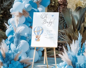 Teddy Bear Baby Shower Welcome Sign | Personalised Oh Baby Theme Welcome Sign | Blue Baby Shower Decorations | Boho Hot Air Balloon Decor
