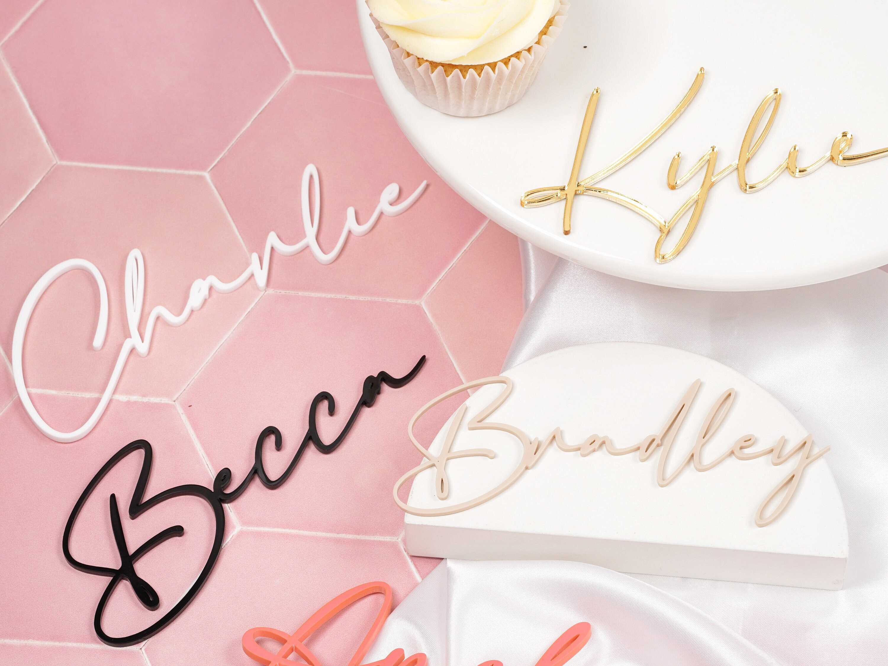 Name Cake Charm Script Name Cake Topper Personalised Acrylic Cake Charm Gold 30 Rose Gold Silver Pink Baby Cake Charms Decorations
