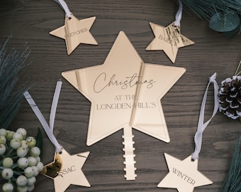 Personalised Christmas Tree Topper Set – Star Family Ornament with 4 Name Baubles, Unique Xmas Tree Top Decoration