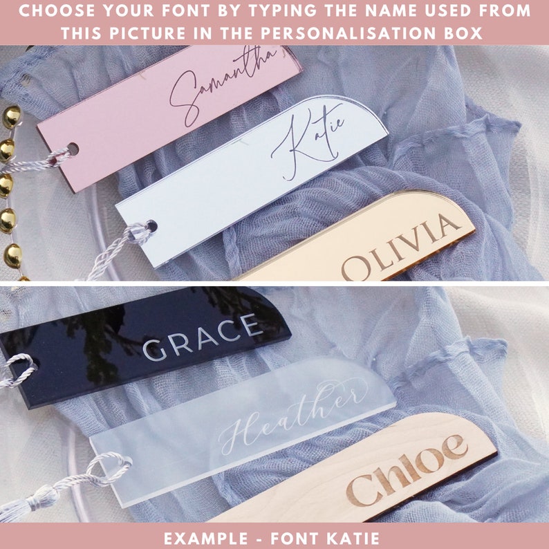 May include: A collection of acrylic name tags with different fonts. The names on the tags are Samantha, Katie, Olivia, Grace, Heather, and Chloe. The text "EXAMPLE - FONT KATIE" is at the bottom of the image.