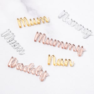 Puede incluir: Surtido de etiquetas de nombre de acrílico en dorado, plateado y oro rosa. Los nombres incluyen "Mum", "Nanny", "Mummy", "Nan" y "Daddy".