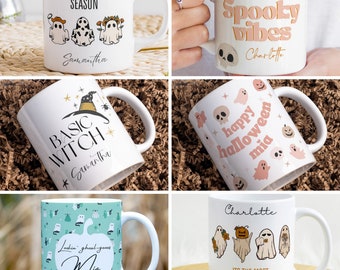 Taza de Halloween personalizada, regalo para un amigo, taza de otoño, calabaza, especias, café con leche, fantasma, temporada espeluznante, taza de café de otoño, decoración otoñal, regalo de Halloween