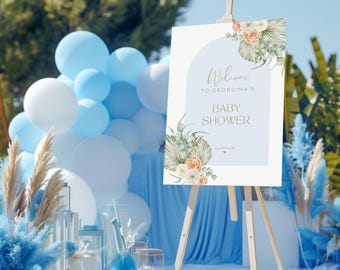 Personalised Baby Shower Welcome Sign, Luxury Blue Floral Babyshower Decor, Custom Foamex Boho Baby Shower Party Decor, Baby Shower Ideas