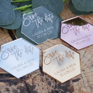 Save The Date Magnet, Acryl Hochzeitseinladungen, moderne elegante Hochzeit stationär, gespiegeltes Acryl Hexagon Save the Date Karte