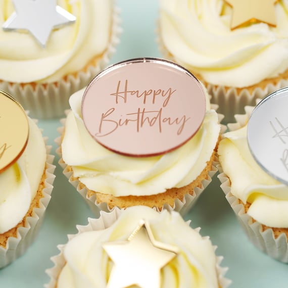 6 Gold Acrylic Cake Disc Mirror Cupcake Toppers Happy Birthday Cake Toppers