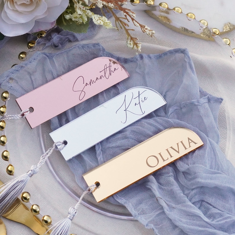 Acrylic name tag bookmarks for wedding favours
