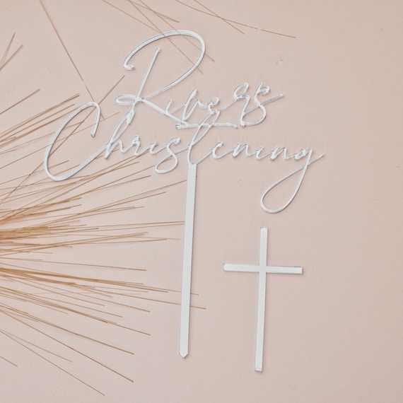 Personalised Christening Cake Topper with Separate Cross Charm Set Acrylic Cross for Cake Topper Crucifix Gold Silver Baptism Topper