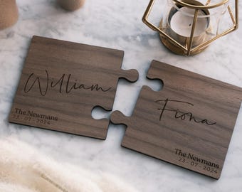 Posavasos personalizados para parejas, posavasos de madera con diseño de rompecabezas, regalo para parejas, ideas para regalos de San Valentín, ideas para regalos de compromiso, regalo para él y para ella.
